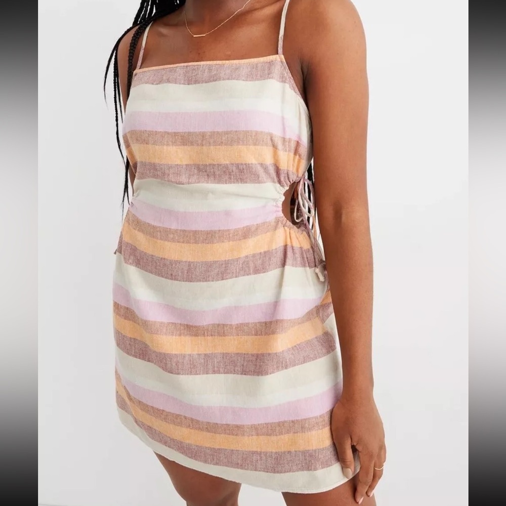 Aerie Striped Orange Pink Side Cut Out Mini Linen Sundress M